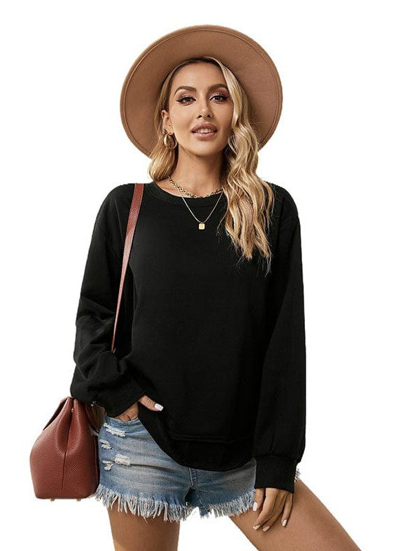 Women's Loose Fit Sweatshirt with Irregular Hem and Round Neck