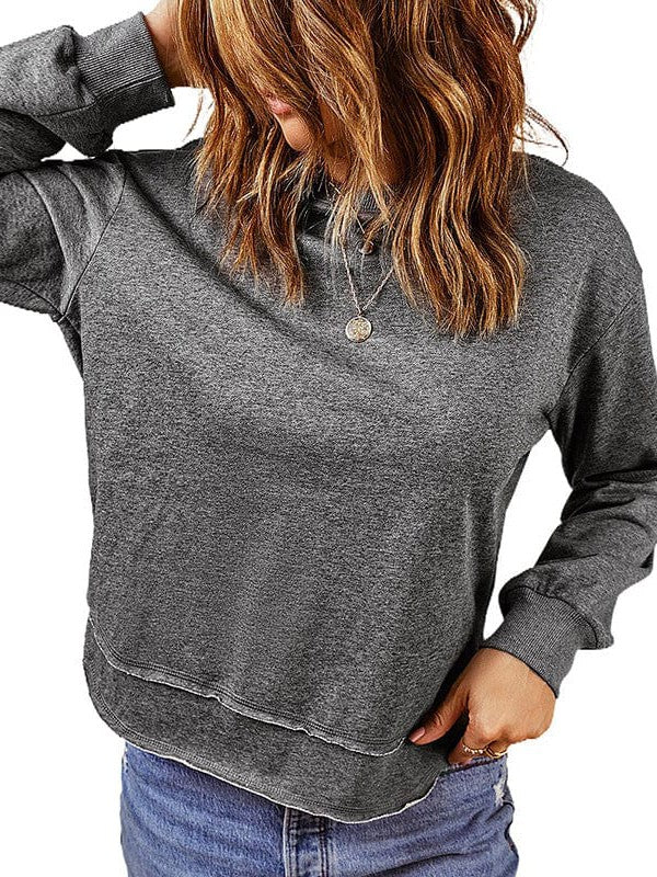 Women's Loose Fit Sweatshirt with Irregular Hem and Round Neck