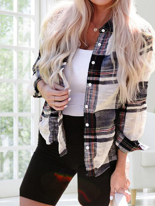 Women's Loose Plaid Cardigan Shirt with Casual Pocket