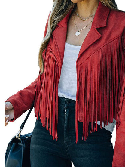 Women's Loose Suede Jacket with Tassel Lapel and Bat Sleeves