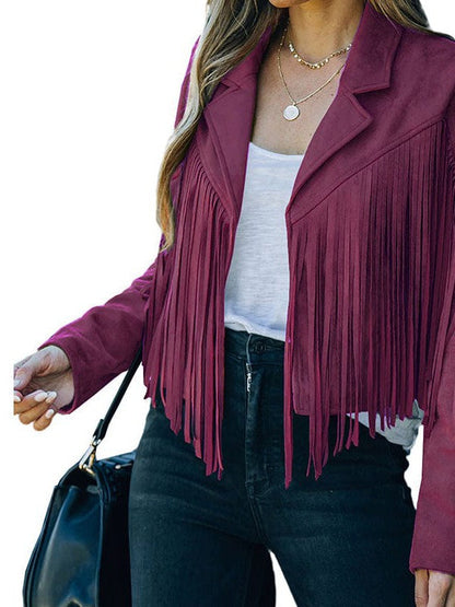 Women's Loose Suede Jacket with Tassel Lapel and Bat Sleeves