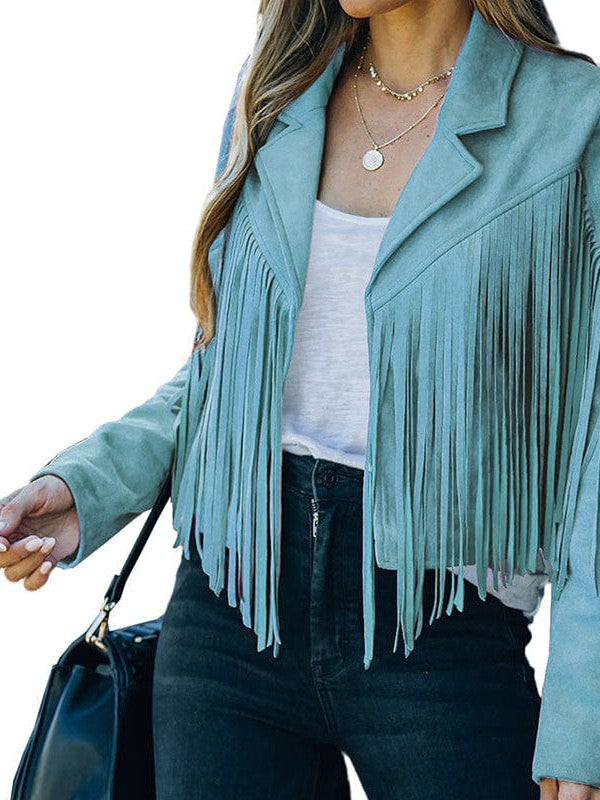 Women's Loose Suede Jacket with Tassel Lapel and Bat Sleeves