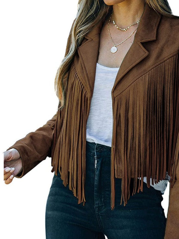 Women's Loose Suede Jacket with Tassel Lapel and Bat Sleeves