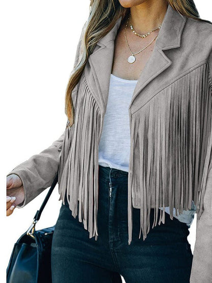 Women's Loose Suede Jacket with Tassel Lapel and Bat Sleeves