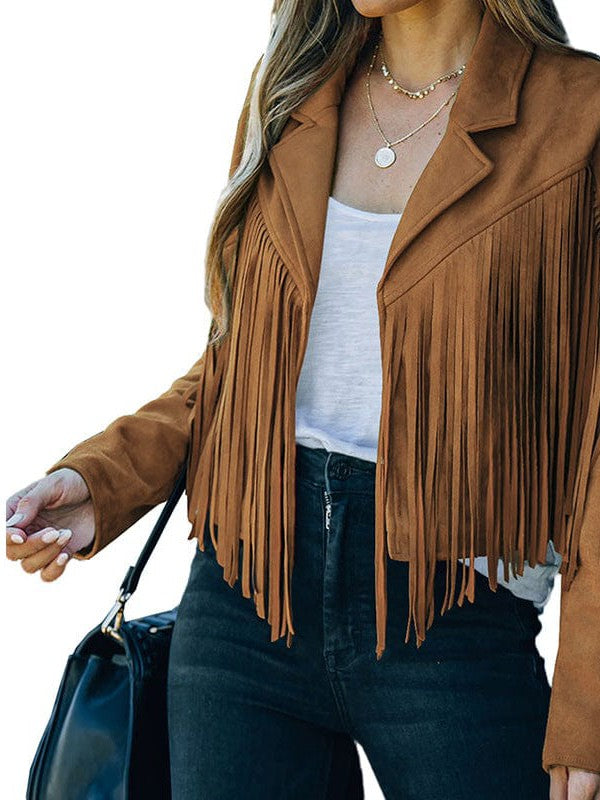 Women's Loose Suede Jacket with Tassel Lapel and Bat Sleeves