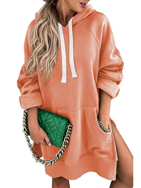 Women's Medium Length Solid Color Velvet Hoodie with Drawstring Pocket - Street Style Sweatshirt