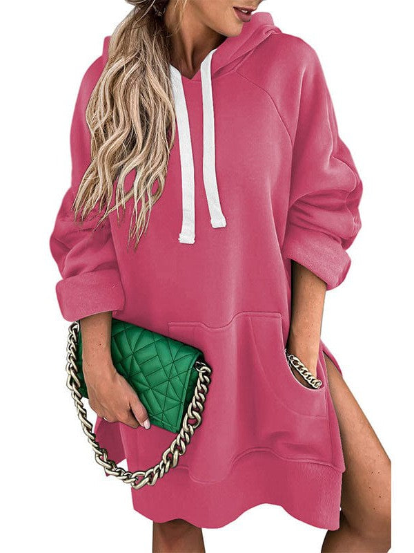 Women's Medium Length Solid Color Velvet Hoodie with Drawstring Pocket - Street Style Sweatshirt