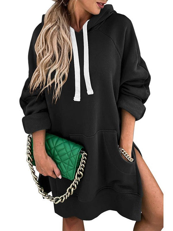 Women's Medium Length Solid Color Velvet Hoodie with Drawstring Pocket - Street Style Sweatshirt