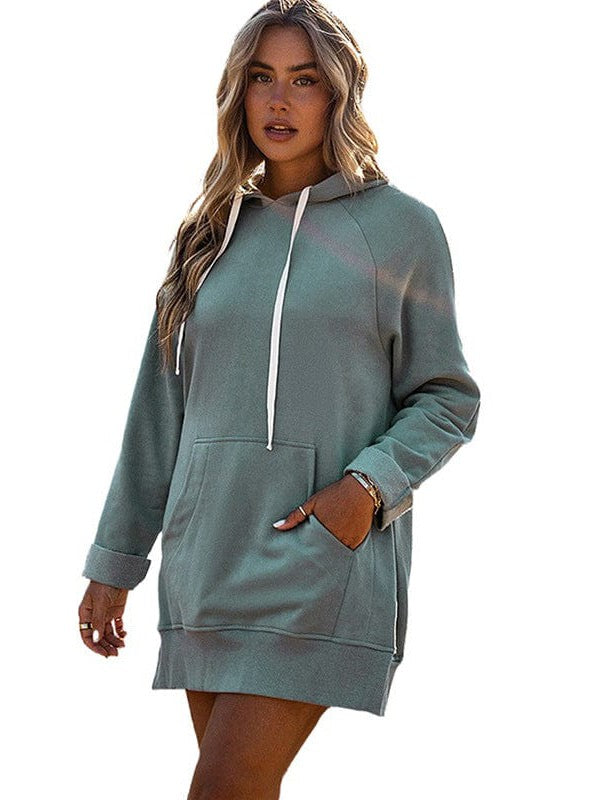 Women's Medium Length Solid Color Velvet Hoodie with Drawstring Pocket - Street Style Sweatshirt