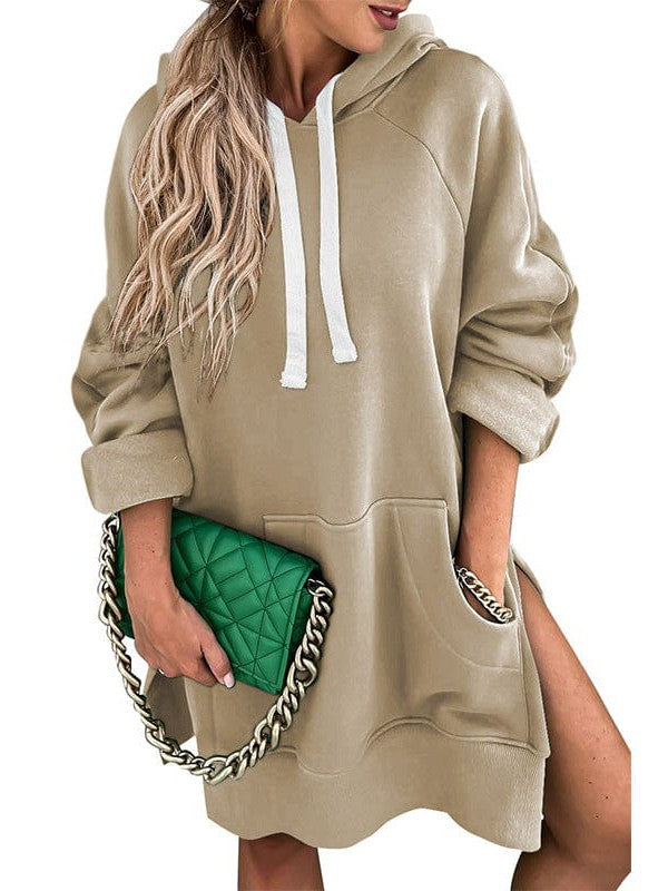 Women's Medium Length Solid Color Velvet Hoodie with Drawstring Pocket - Street Style Sweatshirt