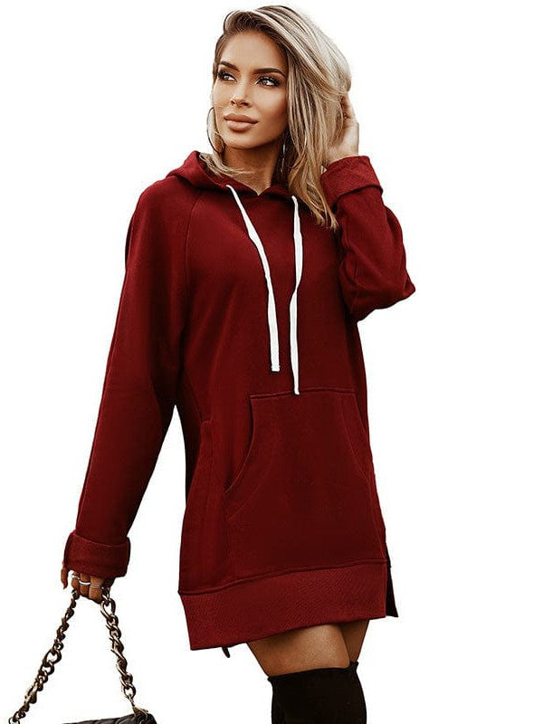 Women's Medium Length Solid Color Velvet Hoodie with Drawstring Pocket - Street Style Sweatshirt