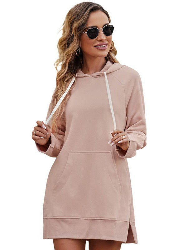 Women's Medium Length Solid Color Velvet Hoodie with Drawstring Pocket - Street Style Sweatshirt