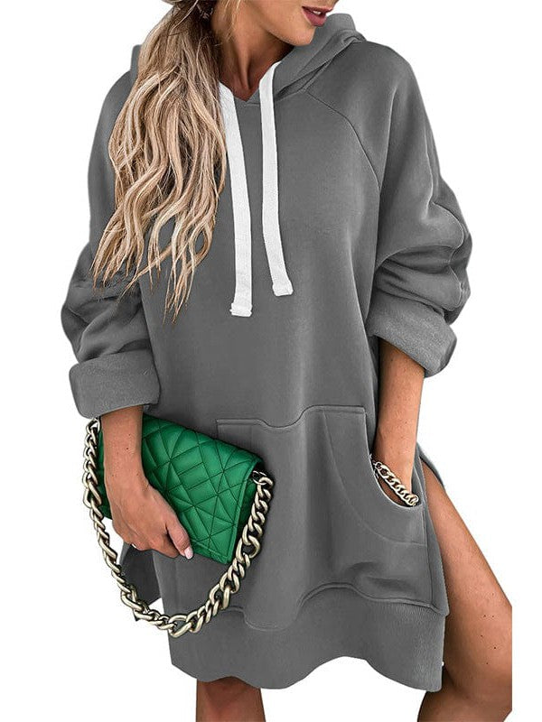 Women's Medium Length Solid Color Velvet Hoodie with Drawstring Pocket - Street Style Sweatshirt