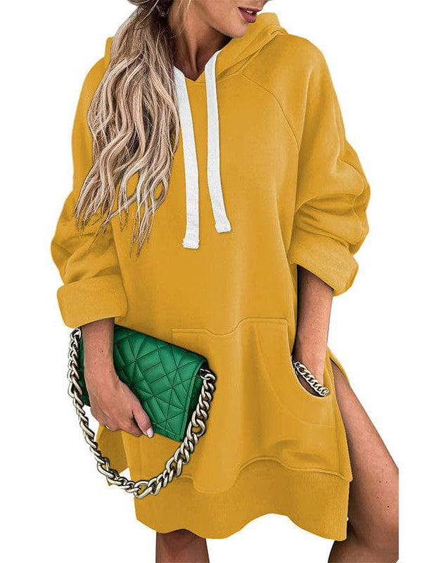 Women's Medium Length Solid Color Velvet Hoodie with Drawstring Pocket - Street Style Sweatshirt