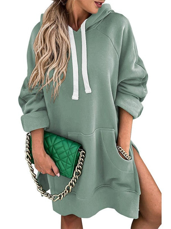 Women's Medium Length Solid Color Velvet Hoodie with Drawstring Pocket - Street Style Sweatshirt