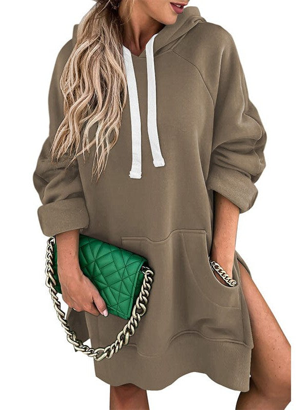 Women's Medium Length Solid Color Velvet Hoodie with Drawstring Pocket - Street Style Sweatshirt