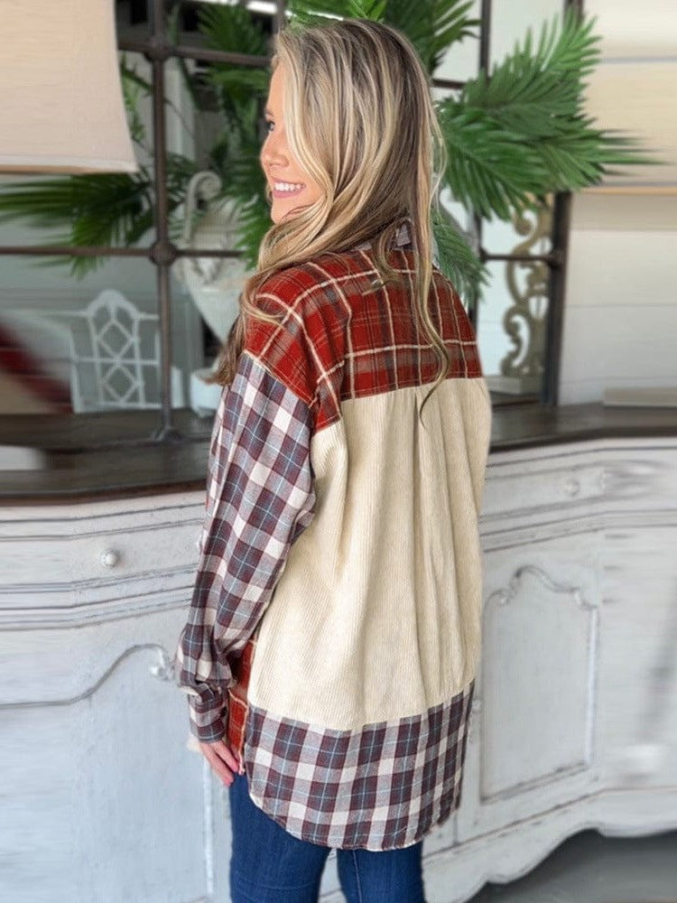 Women's Plaid Corduroy Shirt Jacket with Long Sleeves