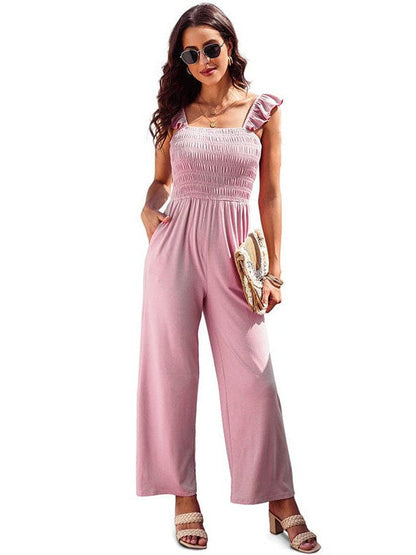 Women's Sleeveless Jumpsuit with Wide Leg Pants and Wooden Ear Accents