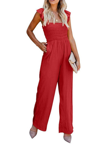 Women's Sleeveless Jumpsuit with Wide Leg Pants and Wooden Ear Accents
