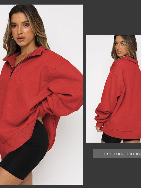 Women's Solid Color Loose Half-Zip Pullover Sweatshirt with Long Sleeves