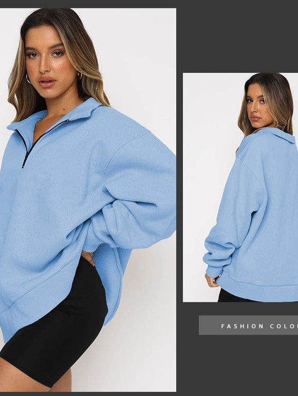 Women's Solid Color Loose Half-Zip Pullover Sweatshirt with Long Sleeves