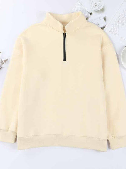 Women's Solid Color Loose Half-Zip Pullover Sweatshirt with Long Sleeves