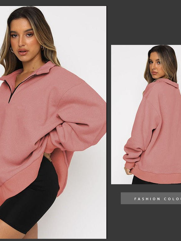 Women's Solid Color Loose Half-Zip Pullover Sweatshirt with Long Sleeves