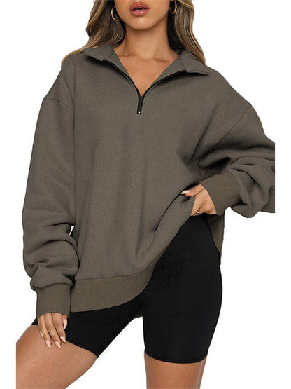 Women's Solid Color Loose Half-Zip Pullover Sweatshirt with Long Sleeves