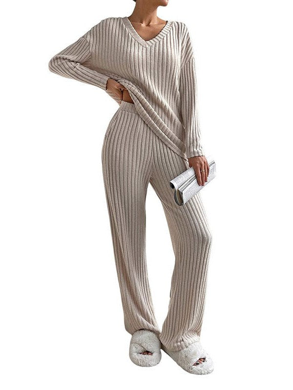 Women's Solid Color V-Neck Suit with Long Sleeves and Straight Trousers