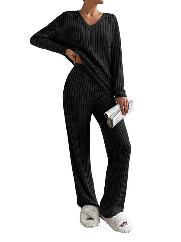 Women's Solid Color V-Neck Suit with Long Sleeves and Straight Trousers