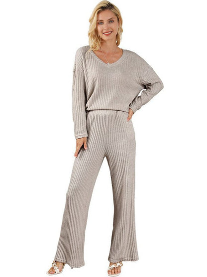 Women's Solid Color V-Neck Suit with Long Sleeves and Straight Trousers