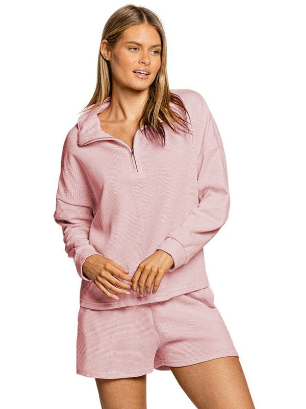 Women's Street Style Two-Piece Waffle Fabric Sports Suit with Long Sleeves