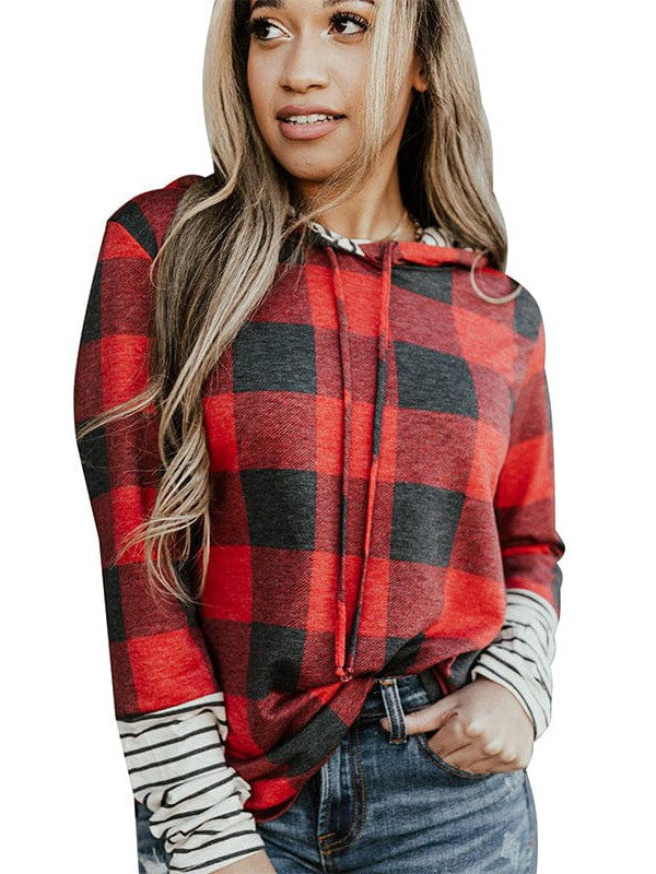 Women's Striped and Plaid Patchwork Hooded Sweatshirt with Drawstring