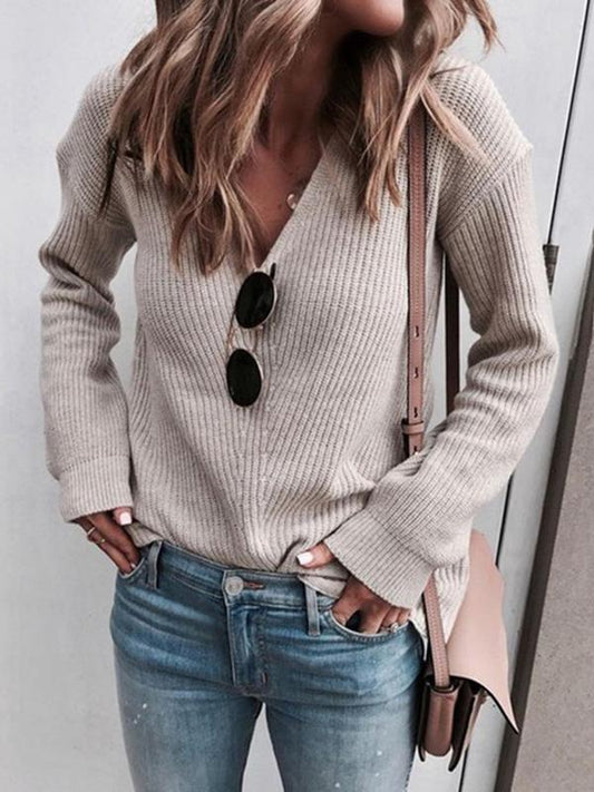 Women's Sweaters Fashion Simple V-Neck Knitted Sweater