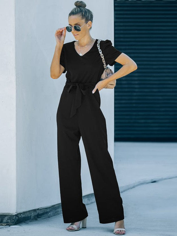 Women's Twisted Silk V-Neck Jumpsuit with Flared Waist Trousers and Pockets