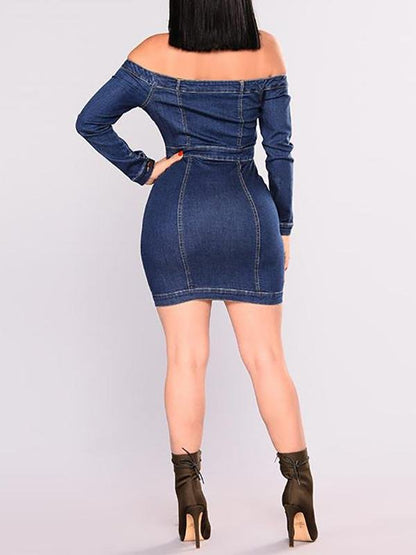 Women Slim Denim Bodycon Dress Off Shoulder Hip-Wrapped Mini Dress - LuckyFash™