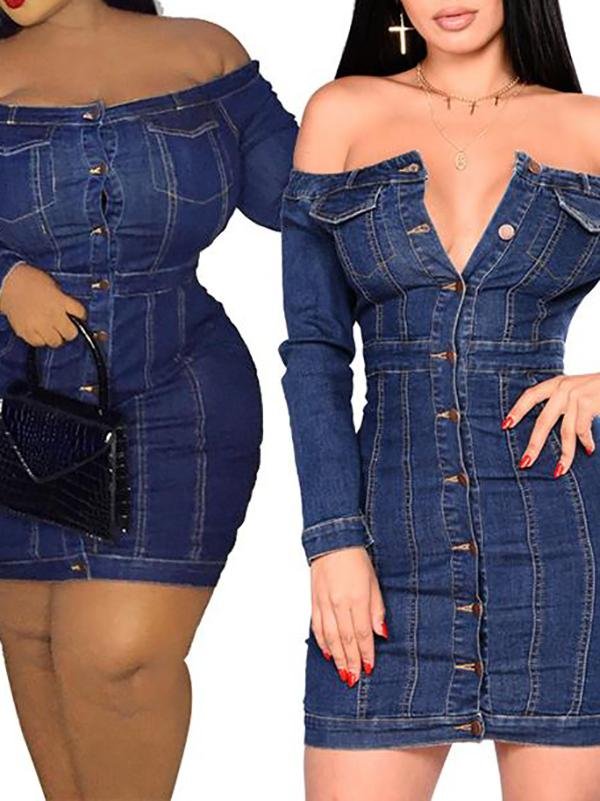 Women Slim Denim Bodycon Dress Off Shoulder Hip-Wrapped Mini Dress - LuckyFash™