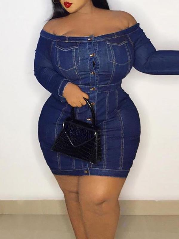 Women Slim Denim Bodycon Dress Off Shoulder Hip-Wrapped Mini Dress - LuckyFash™