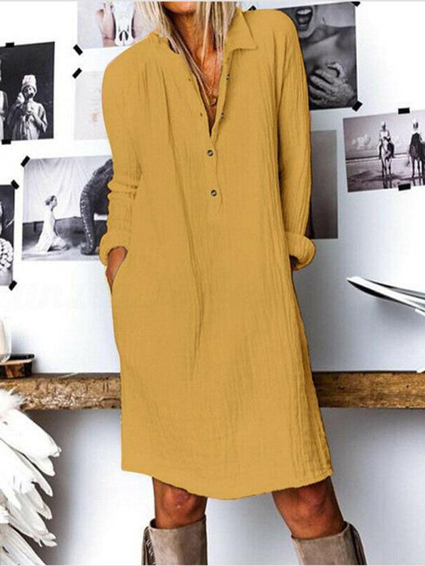 Women Solid Cotton And Linen Long-sleeved Dress - LuckyFash™