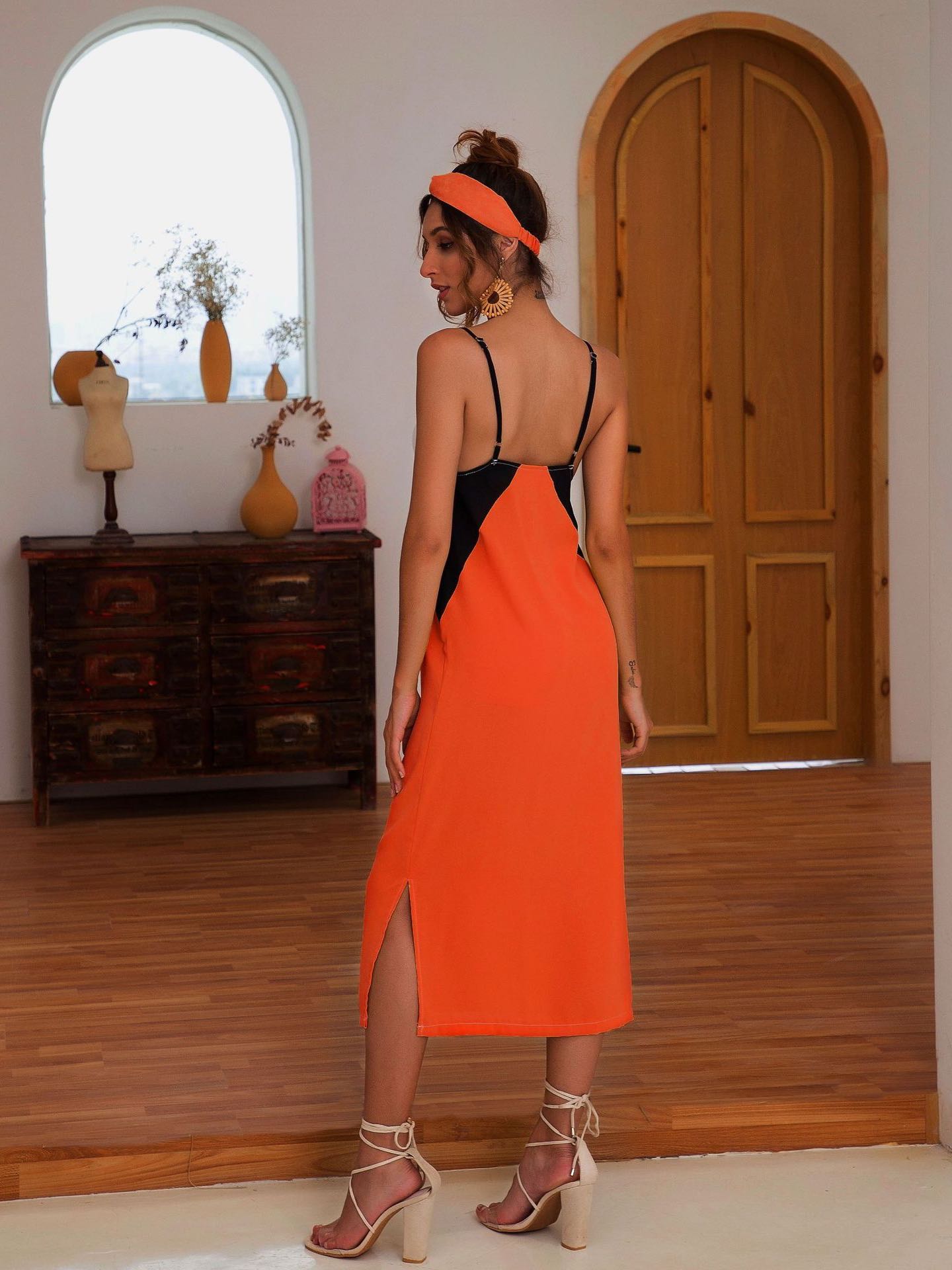 Women V-neck Color Contrasting Slip Dress - LuckyFash™