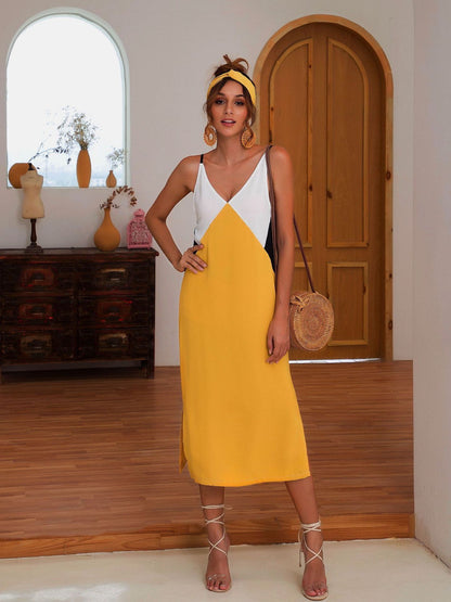 Women V-neck Color Contrasting Slip Dress for Women