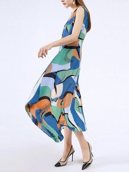 Women V Neck Sleeveless Geometry Print Irregular Hem Dress - LuckyFash™