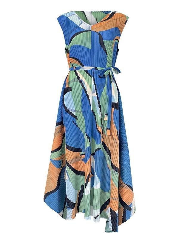 Women V Neck Sleeveless Geometry Print Irregular Hem Dress - LuckyFash™