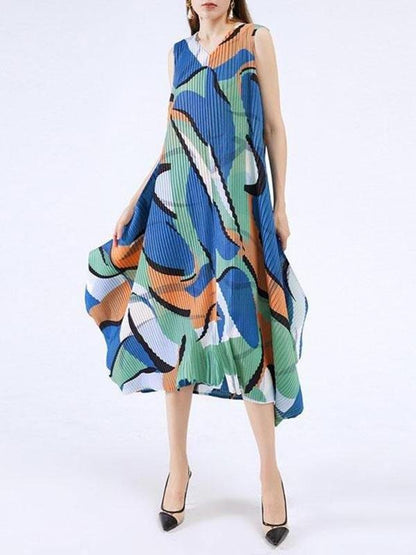 Women V Neck Sleeveless Geometry Print Irregular Hem Dress - LuckyFash™