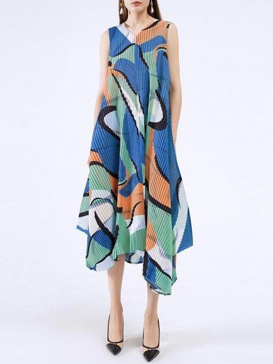 Women V Neck Sleeveless Geometry Print Irregular Hem Dress - LuckyFash™