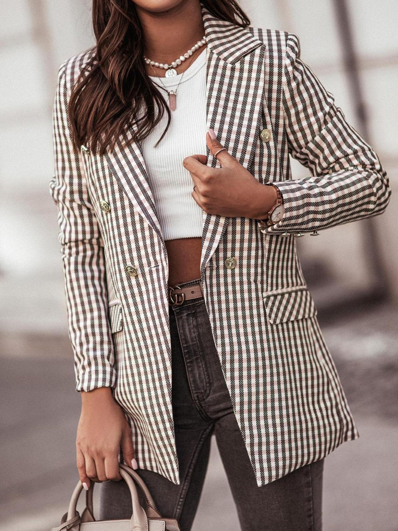 Women's Blazers Fashion Plaid Print Button Long Sleeve Blazer - LuckyFash™