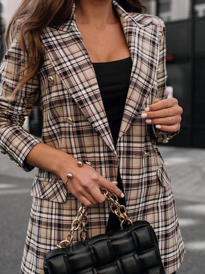 Blazers Fashion Plaid Print Button Long Sleeve Blazer for Women