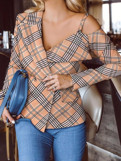 Blazers Plaid V-Neck Sling Long Sleeve Blazers for Women