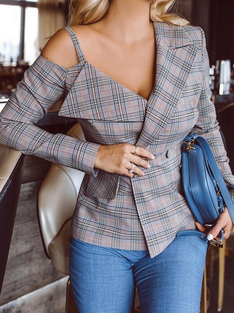 Women's Blazers Plaid V-Neck Sling Long Sleeve Blazers - LuckyFash™