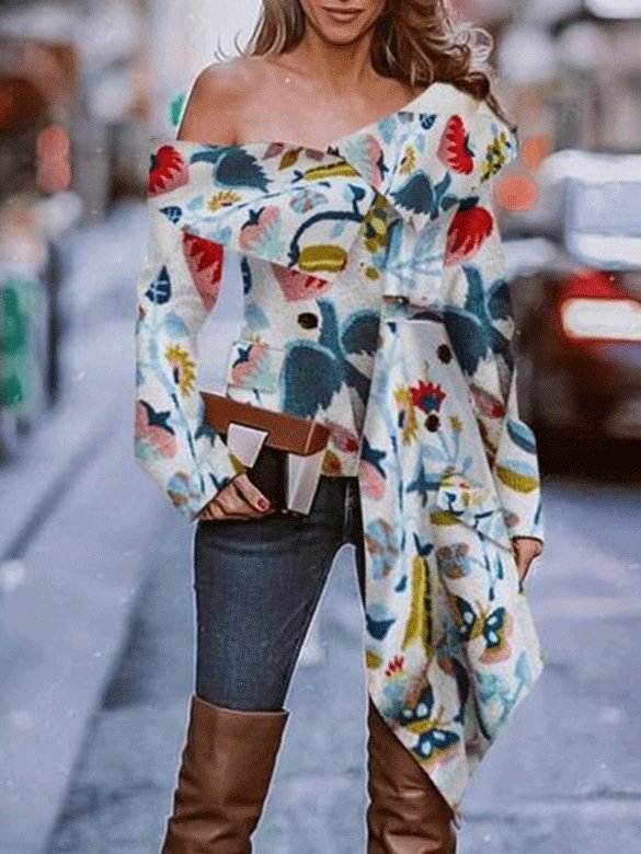 Blouse Irregular Print Off Shoulder Long Sleeve Blouses for Women